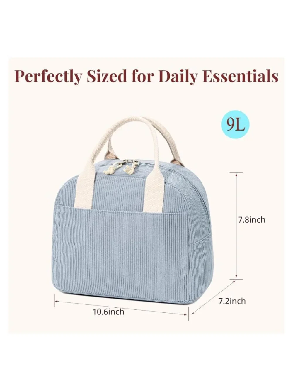 Insulated Corduroy Lunch Bag Tote for Women, Spacious 9L Lunch Box